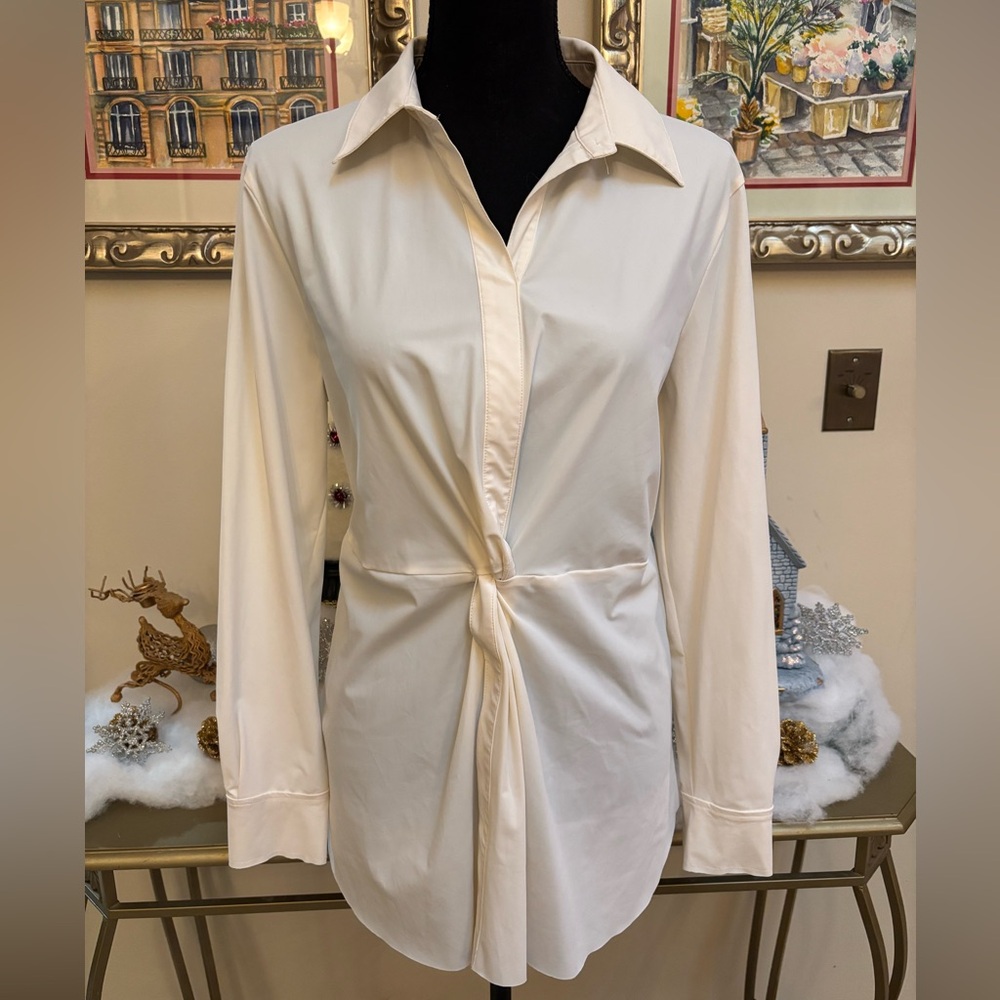 LYSSE WHITE KNOTTED TWIST TUNIC BLOUSE CLASSIC TIMELESS MODERN SIZE M